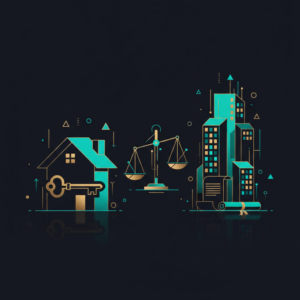 Acheter ou louer en 2026 : balance symbolique entre maison et appartement sur fond bleu nuit fintech