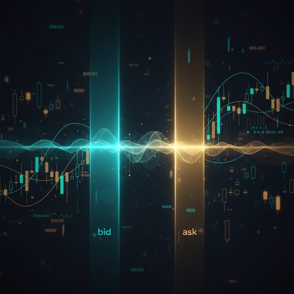 Illustration du spread en bourse - écart bid ask sur un graphique financier dark fintech
