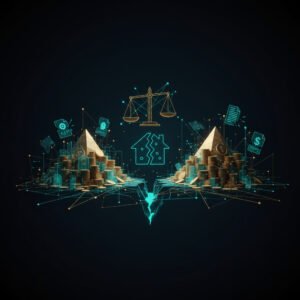 Divorce partage patrimoine illustration fintech avec balance et maison divisée
