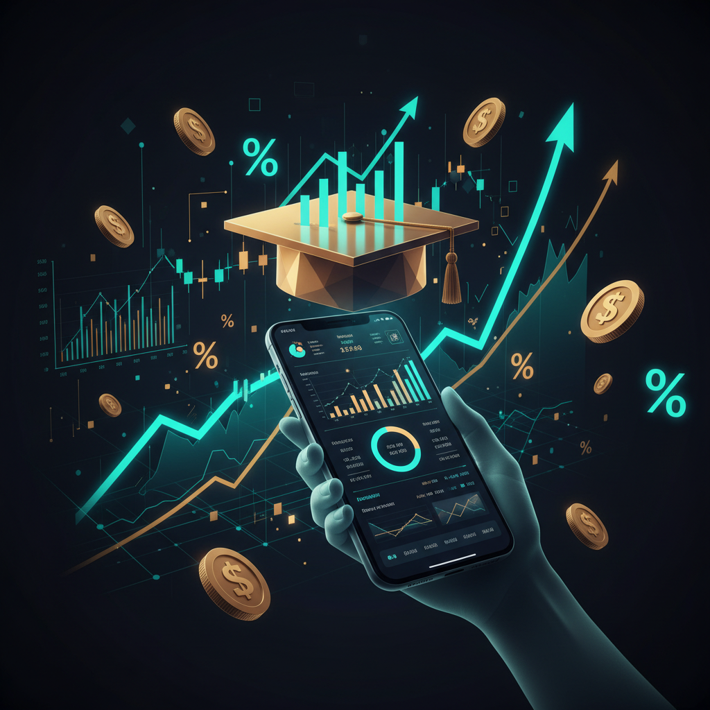 Investir étudiant - tableau de bord fintech sombre avec graphiques de croissance financière